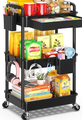 SUNALLY 3 Tier Rolling Cart with Drawer, Craft Storage Cart Organizer,Black