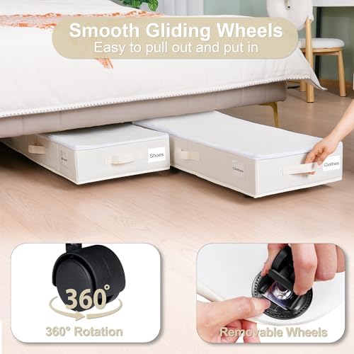 Vincona Under Bed Storage with Wheels, 2 Pack Under Bed Storage Containers with Label Holders for Clothes, Shoes and Blankets, Rolling Underbed Shoe Organizer with Cover, Beige (35.43x15.7x7.28 in)