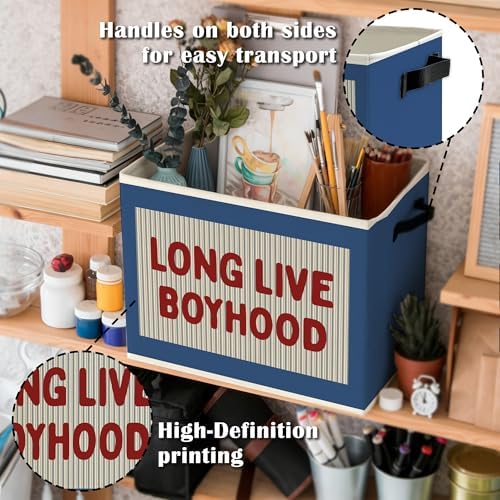 Red Long Live Boyhood Boys Storage Bins Box with Handles, Blue Pattern Collapsible Basket Organizer for Kids Boy Nursery Room Bedroom Bathroom Playroom Books Clothes