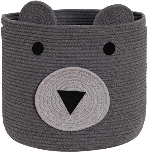 VK VK·LIVING Cotton Rope Bear Animal Basket Foldable Large Woven Storage Basket Baby Nursery Cute Laundry Hamper for Toys, Blanket, Clothes in Bedroom Living Room Toy Box for Baby 14x14 Grey