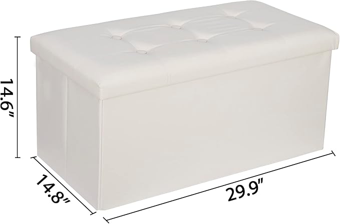 JupiterForce Folding Storage Ottoman Bench, 30 Inches Faux Leather Padded Seat Foot Rest Ottoman Bench with Storage for Bedroom, Living Room, Dorm, Entryway, Office, Creamy White