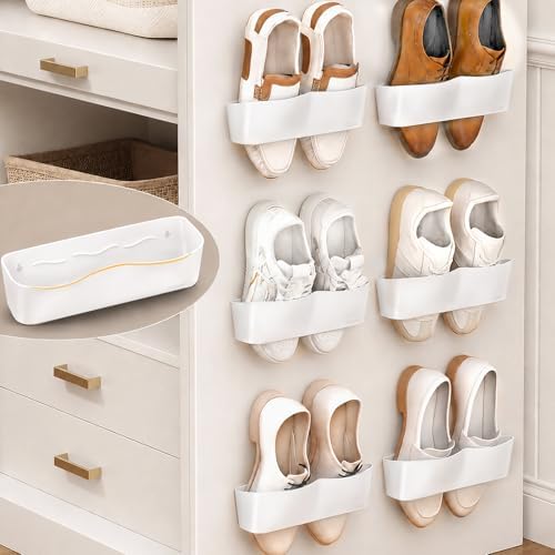 6Pack Wall Mounted Shoe Rack, Adhesive & Drill Mount - White