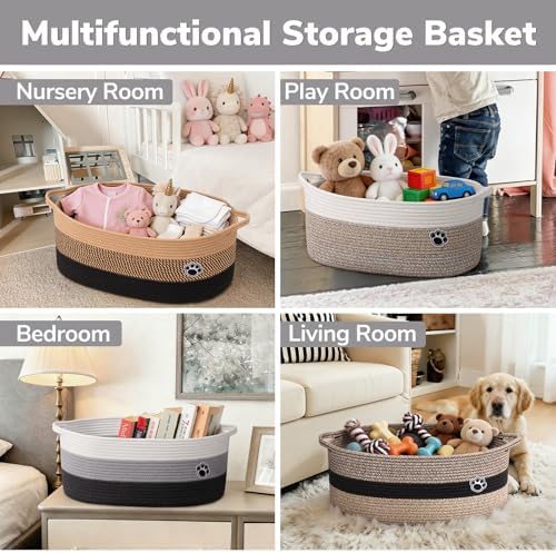 30L Large Woven Rope Dog Toy Basket with Paw Print, Mixed Grey | 19.7" x 11" x 7.9" Dog Toy Bin & Box with Handles, Storage Basket for Blankets Towels, Fits Living Room Nursery Bedroom