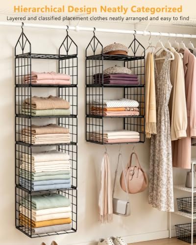 2 Pack Hanging Closet Organizer and Storage, 5 Tier & 3 Tier Metal Wire Closet Shelves with 8 S Hooks, Hanging Storage Shelf for Clothes Shoes Sweaters Handbags Laundry