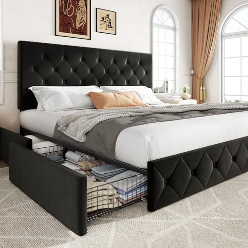 Allewie King Size Storage Bed Frame with 4 Underbed Drawers, Soft Black