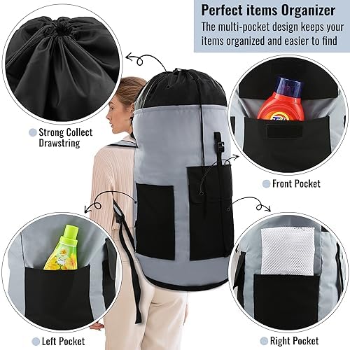 JOINPRO Laundry Bag Backpack, 125L Extra Large Laundry Backpack with Shoulder Straps, Adjustable Extendable Laundry Hamper Bag with 3 Pockets for College, Travel, Camping (Grey)