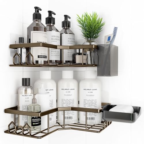 Adhesive Shower Caddy, 4 Pack Corner Bath Organizer, Rustproof Stainless Steel Shower Shelves with Large Capacity, No Drilling Shelves for Bathroom Storage, Home, Kitchen Decor(Brown).