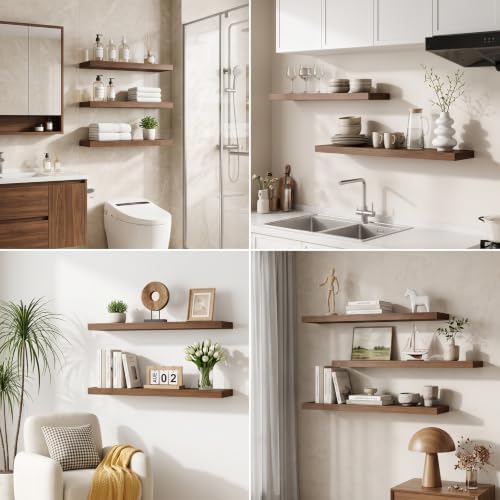 Floating Shelves for Wall, 24 Inch Floating Shelves Set of 2, Wall Mounted Rustic Wood Shelf for Bathroom, Living Room, Bedroom and Kitchen, Hanging Shelf for Storage, Books, Home Decor, Walnut