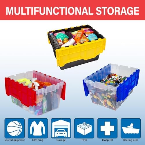 Akro-Mils KeepBox 12 Gal Storage Box, Lid Attached, Stackable, Clear/Red