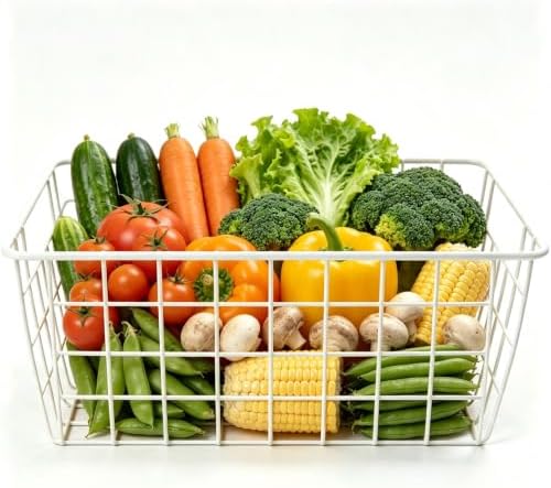 4 Pack White Wire Baskets 12.9"x9.3"x5.4", Wire Freezer Storage Organizer Bins with Handles for Cabinets, Pantry, Closets, Bedrooms