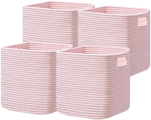 UBBCARE Storage Cubes 11 Inch, Cotton Rope Woven Baskets for Organizing, Cube Storage Bin for Baby Nursery, 4-Pack Square Toy Storage Baskets for Shleves Organizer, Closet, Kidsroom, Pink