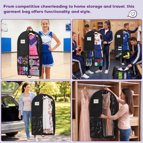 Dance Garment Bags with 3 Clear Zipper Pockets, Cheer Garment Bags for Cheerleading Uniform, 40" Garment Bags for Hanging Clothes, Suits, Travel & Sports Jersey, Cheer Uniform (Black, 1Pack 40")