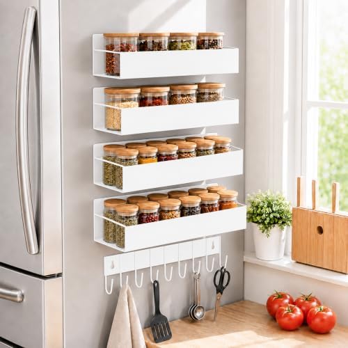 SMRCAD Metal Magnetic Spice Rack 4 Pack with Hook – Heavy-Duty | Iron construction, dust-resistant, fits condiment bottles, includes screws for optional wall mount