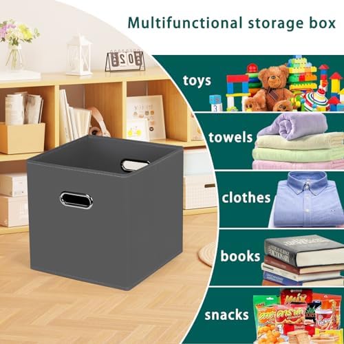 Black Foldable Storage Cubes Bins, Fabric Storage Box Cubes Organizer Baskets with Dual Handles for Home Organizer,Set of 6,(Gray)