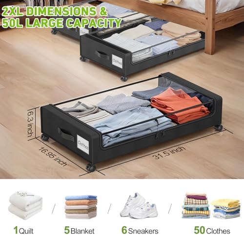 Molutsody Under Bed Storage with Wheels, 4-Pack Underbed Storage Containers with Clear Lids, Under Bed Shoe Storage Organizer, Rolling Under Bed Storage for Clothes Shoes Blankets (Black)