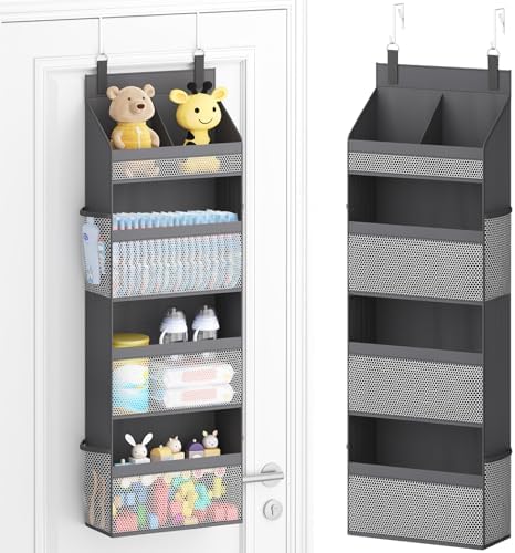 Lifewit 4 Tier Over the Door Organizer, Diaper Hanging Storage, Gray | Nursery Sturdy Large Heavy Duty Back of Door Shelf with 4 Mesh Side Pockets, for Baby Stuff Toy in Pantry, Laundry, Bathroom