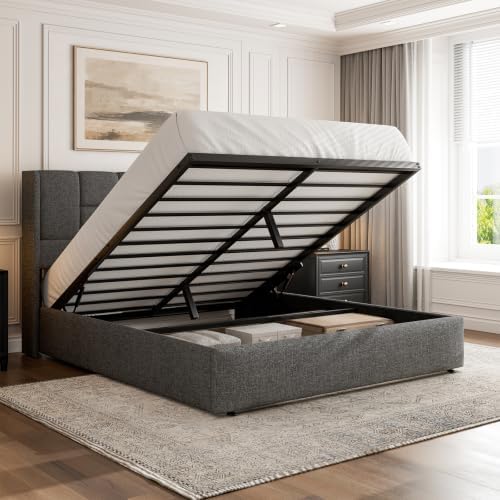 Queen Bed Frame with Hydraulic Gas Lift Up Storage, Linen Upholstered