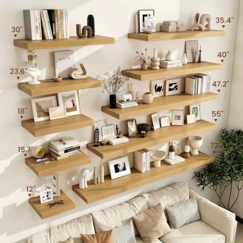 Vivelove Deep Floating Shelves 48x12” Set of 2, Oak | Easy Install With Hardware, 2" Thick, Invisible Brackets, Wall Mounted, No Sagging, For Any Room