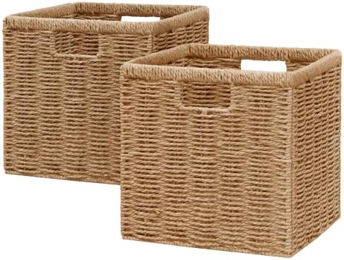 Vagusicc 11 inch Wicker Basket, Set of 2 Handwoven Storage Cubes with Handles, Foldable Paper Rope Storage Baskets for Organizing, Shelves, Bathroom, Natural