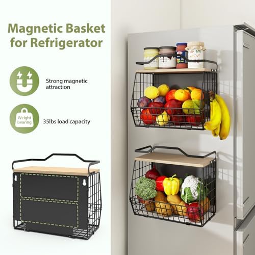 Wawocs Magnetic Shelf for Fridge with Wood Lid, 2 Tier Fruit Baskets Wall Mounted Hanging Basket with 4 Hanger Hooks, Potato and Onion Magnetic Storage Bins for Kitchen Counter, Refrigerator, Cabinet