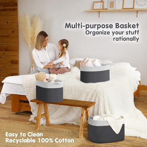 CHAT BLANC Cotton Rope Baskets for Organizing I Storage Baskets for Shelves | Rope Basket for Storage, Small Laundry Baskets, Woven Baskets for Storage, Dog Toy Bin, Baby Basket, Gray & Graphite 3Pack