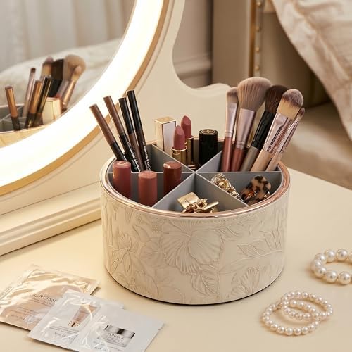 Remote Control Holder, 360°Spinning PU Leather Desk TV Remote Caddy,Desk Storage Box Room Accessories for Controller, Media,Mail,Calculator, Mobile Phone,Pencil(1B-Golden Apricot)