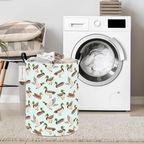 Foldable Waterproof Round Fabric Laundry Basket Home, Mallard Duck | Large Capacity, For Apparel Textiles, Plush Goods Storage, Whole House Tidying