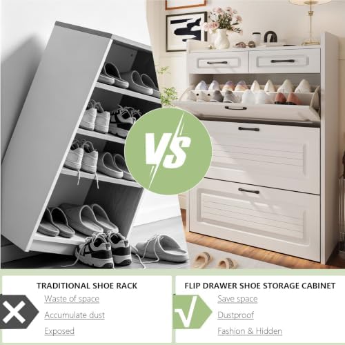 Shoe Storage Cabinet for entryway with 3 Large Flip Drawers Light White