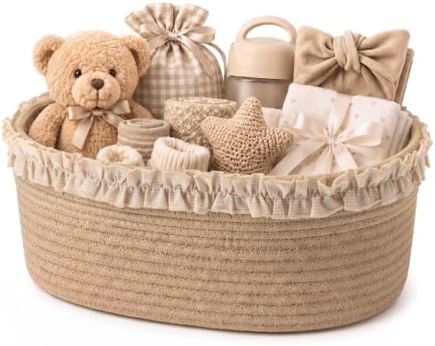 RattanView Khaki Rope Gift Basket with Gingham Ruffle Trim 12x8x5 Inch Cotton Rope Storage Basket with Handles Decorative Small Woven Organizer Bin for Women Nursery Baby Shower Christmas
