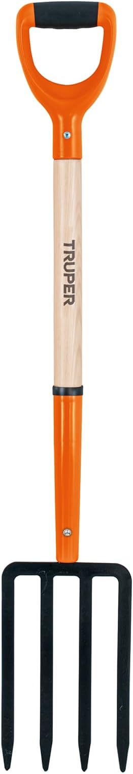 Truper Garden Fork, 4 Tines, 29-Inch Ash Wood Handle with Comfort Grip Y Handle, Forged One-Piece Steel Head (Model BJ-4P / 11018)