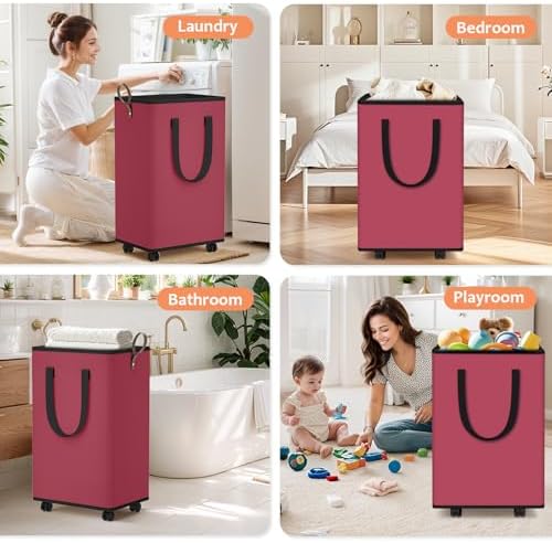 SpaceTrove Rolling Laundry Basket with Wheels, Laundry Hamper, 100L, Red | Collapsible, 4 detachable wheels including 2 with brakes, sturdy handle, metal frame, for dorms, bathrooms and bedrooms