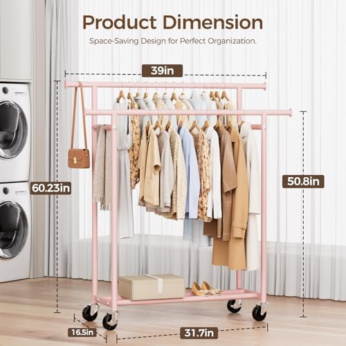 HYSEYY Clothes Rack, Double Rods Rolling Clothing Rack for Hanging Clothes, Portable Garment Rack with Wheels, Coat Rack Wardrobe Closet Load 240 LBS for Bedroom Laundry Room (Pink, L)