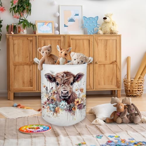 Cow Laundry Basket, Farmhouse Floral Cow Waterproof Collapsible Laundry Hamper Dirty Clothes Storage Toy Bin Organizer for Bathroom Bedroom Nursery Girls Kids Room