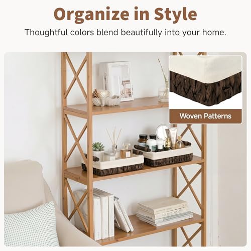 StorageWorks Small Bathroom Basket Organizer Back of Toilet Basket, Brown | Wicker Toilet Paper Baskets with Wooden Handles and Liner, Water Hyacinth Small Baskets for Organizing and Storage, 2 Pack