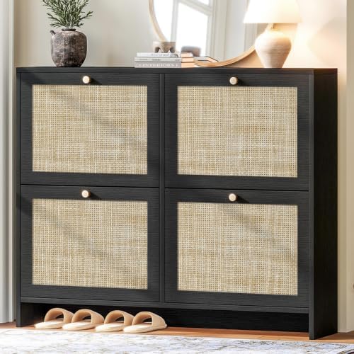 Nicetree Shoe Cabinet Storage for Entryway, 4-Flip Drawer Narrow Shoe Rack, Organic Modern Rattan Shoe Organizer, Shoe Organizer Fits Men's Size 13.5, Midnight Charcoal