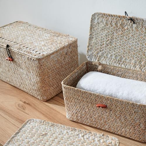 4 Pack, Wicker Baskets with Lids, Natural Seagrass Storage Baskets, Woven Rectangular Basket Bins, Rattan Storage Organizer for Shelf (Whitewashed, Set of 4)