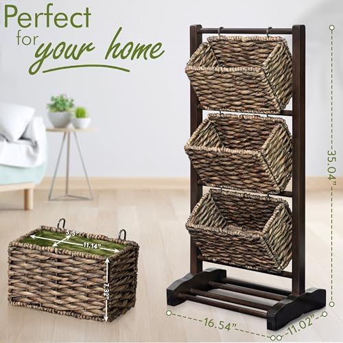 HOMESTEAD 3-Tier Wooden Shelf with Water Hyacinth Woven Baskets – Rattan Shelf Basket, Boho Room Decor, Wooden Book Shelf, Bathroom Storage Shelves, Kitchen, Laundry, Living Room (Dark Brown)