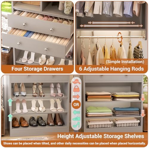 10FT Closet System with 4 Drawers, 120" Closet Organizer System with 6 Hanging Robs & Reversible Hanging Shelving, Closet Systems for Walk-in Closets, Load 2000+LBS, Morandi Grey 2 Pack