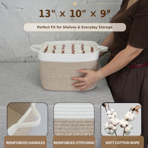XUANGUO Woven Cotton Rope Storage Basket with Handles 13x10x9 inch