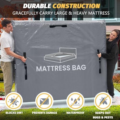Mattress Bags for Moving and Storage, BETU Queen Mattress Protector Waterproof Mattress Cover with 8 Heavy Duty Handles and Zipper Extra Thick Moving Supplies for Bed Reusable (82x62x13.5 Grey)