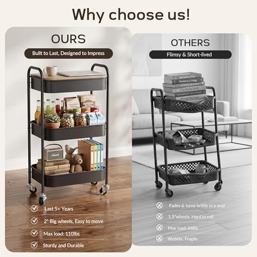 DTK 3 Tier Rolling Cart with Wheels, Heavy Duty Metal Utility Cart, Mobile Storage Organizer with Lockable Casters, Multi-Purpose Rolling Cart for Nursery, Bathroom, Kitchen, Office, Classroom