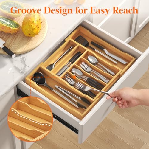 Lifewit Silverware Drawer Organizer, Wooden Utensil Tray for Kitchen | Expandable Flatware and Cutlery Holder, Adjustable Storage for Spoons Forks Knives, 10.8-18.5 x 15", Natural