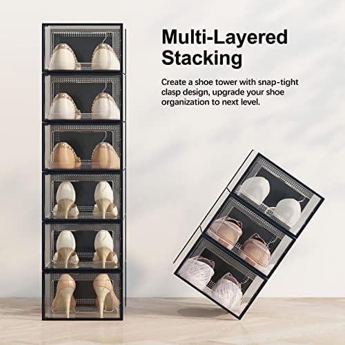 SEE SRPING XX-Large Shoe Storage Box Fit Size 14, Clear Plastic Stackable Shoe Organizer for Closet, Shoe Rack Sneaker Containers Bins Holders, Drawer Organize Unit, 12 Pack Black