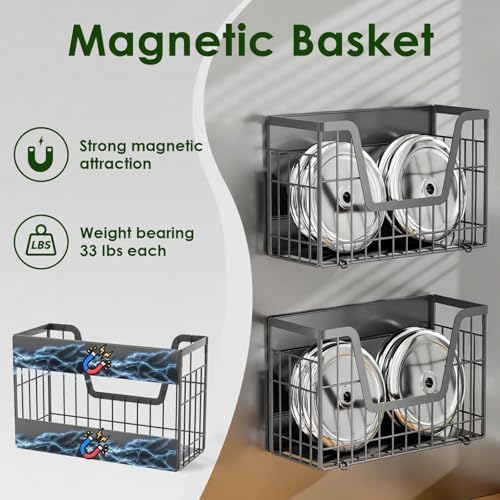 4 Pack Magnetic Shelf for Fridge, Fruit Potato and Onion Storage Bins, Magnetic Spice Rack for Kitchen Pantry Laundry Organizer, Metal Baskets Side of Fridge Organizers and Storage (Grey)