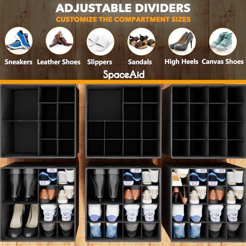 SpaceAid Shoe Organizer for Closet, 2 Pack Foldable Shoe Storage Containers Baskets Boxes Bins w/Adjustable Dividers, Fits 16-32 Pairs, Black