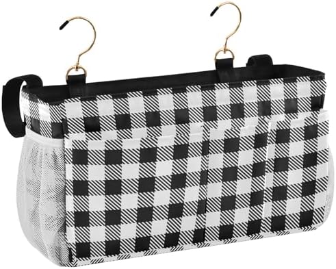 Buffalo Plaid Check Black Print Bedside Caddy Storage Bag Bedside Organizer for Bunk Bed Headboards College Organizer Caddy Hanging Shelf 6 Pockets with Hooks for Drinks Magazine Phone Holder