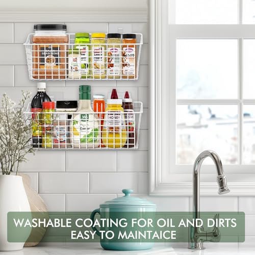 Large Wall Hanging Baskets 2 Set Rubber Coating Shelving Organizers(White) | Long Big Walll Baskets, Adhesive No-Drill Wall Storage, Rustproof Caddy for Shower, Kitchen, Laundry, Pantry, Cabinet, RV