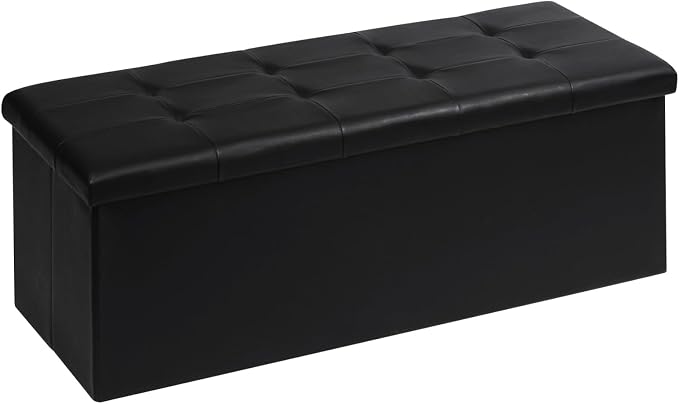 PINPLUS Folding Storage Ottoman Bench, Black Faux Leather | Storage Chest with Padded Seat, Blanket Organizer, Footrest Stool for Bedroom, Living Room and Office, 43.3 Inch