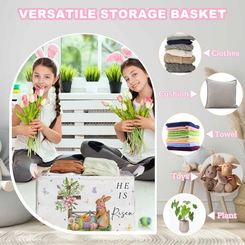 Eggs Rabbit Easter Basket, Butterfly Bow Baby Gift Basket, Cross Flower Empty Toy Nursery Bin, Large Squarecanvas Laundry Hamper With A Waterproof PECoating, Foldable girlsToy Clothes Bins for Bedroom