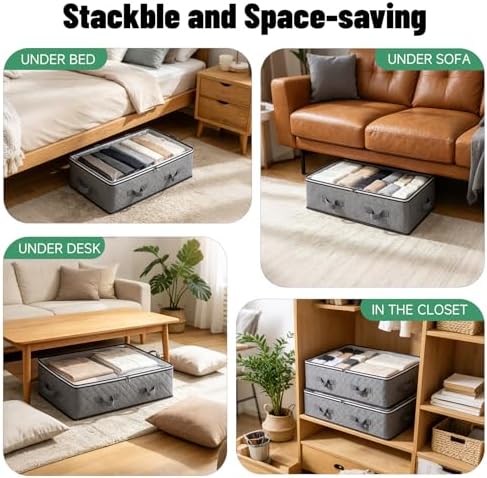 Pterying 8 Pack Under Bed Storage Containers with Transparent Clear Window | Underbed Storage Bins with Reinforced Handles, Dual-Zipper for Clothes, Comforters, Blankets and Bedding, Gray